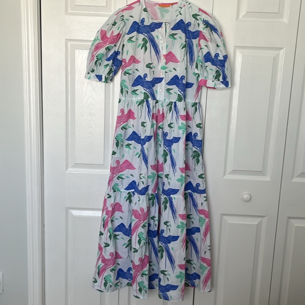 Oliphant White Maxi Dress with Blue and Pink Bird Print